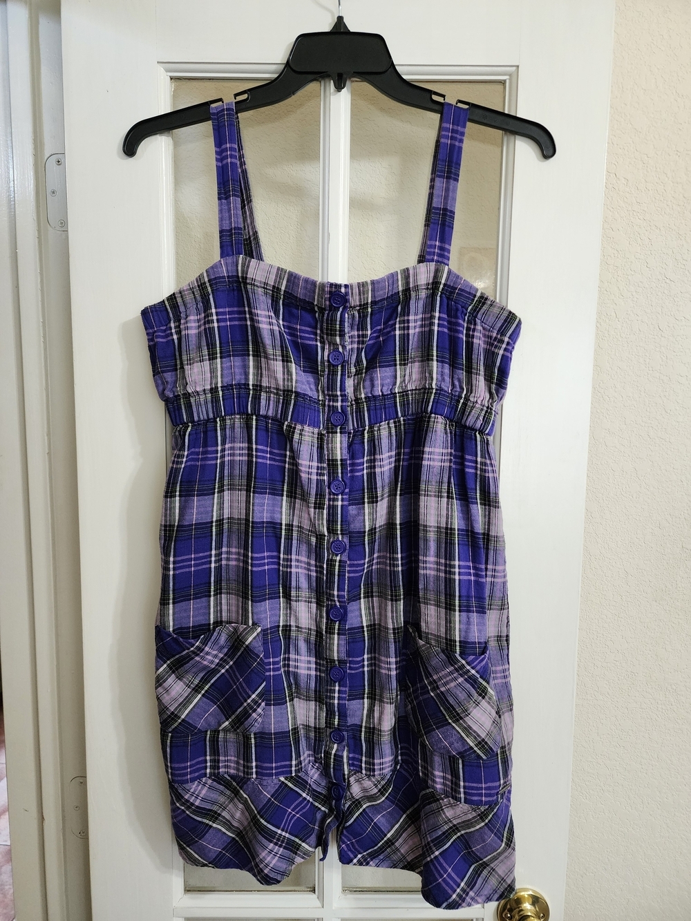 Roxy Purple Plaid Button Front Mini Dress XS Y2K Cotton Pockets